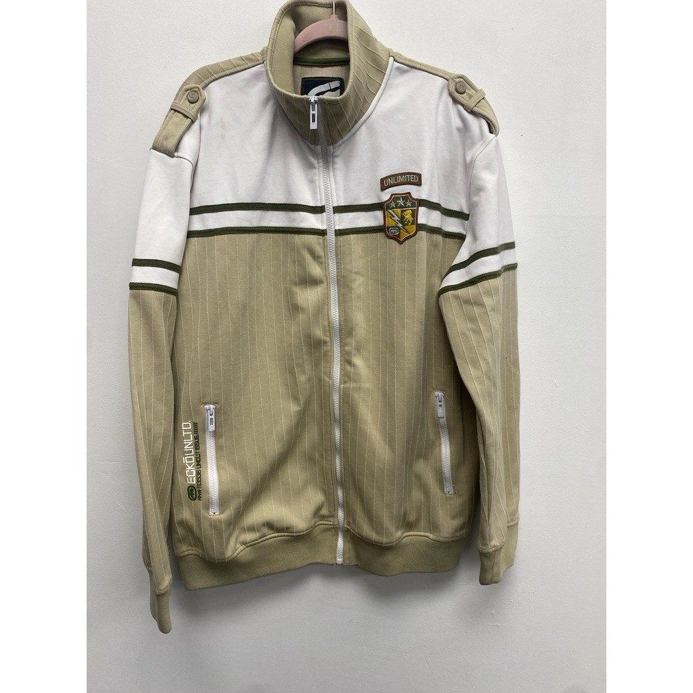 VTG Y2K Ecko Unltd Zip Track Jacket Large Beige Big Logo Streetwear BOMBER PATCH